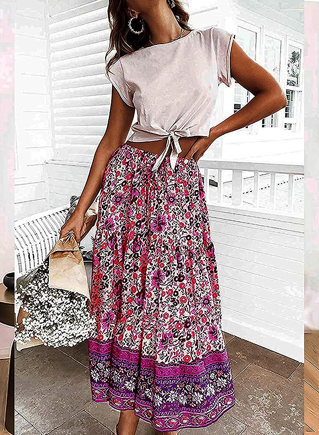 Women's Skirts Boho Floral Printed Elastic High Waist A Line Maxi Skirt with Pockets
