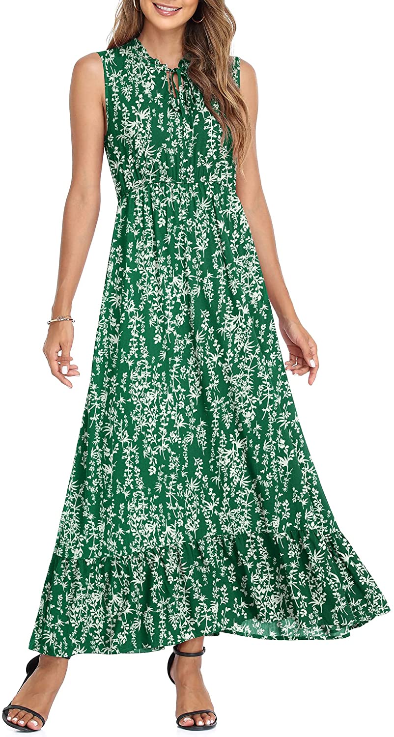 Women's Sleeveless Summer Tie Neck High Waist Casual Boho Dress Floral Print Ruffle Hem Long Beach Maxi Dresses