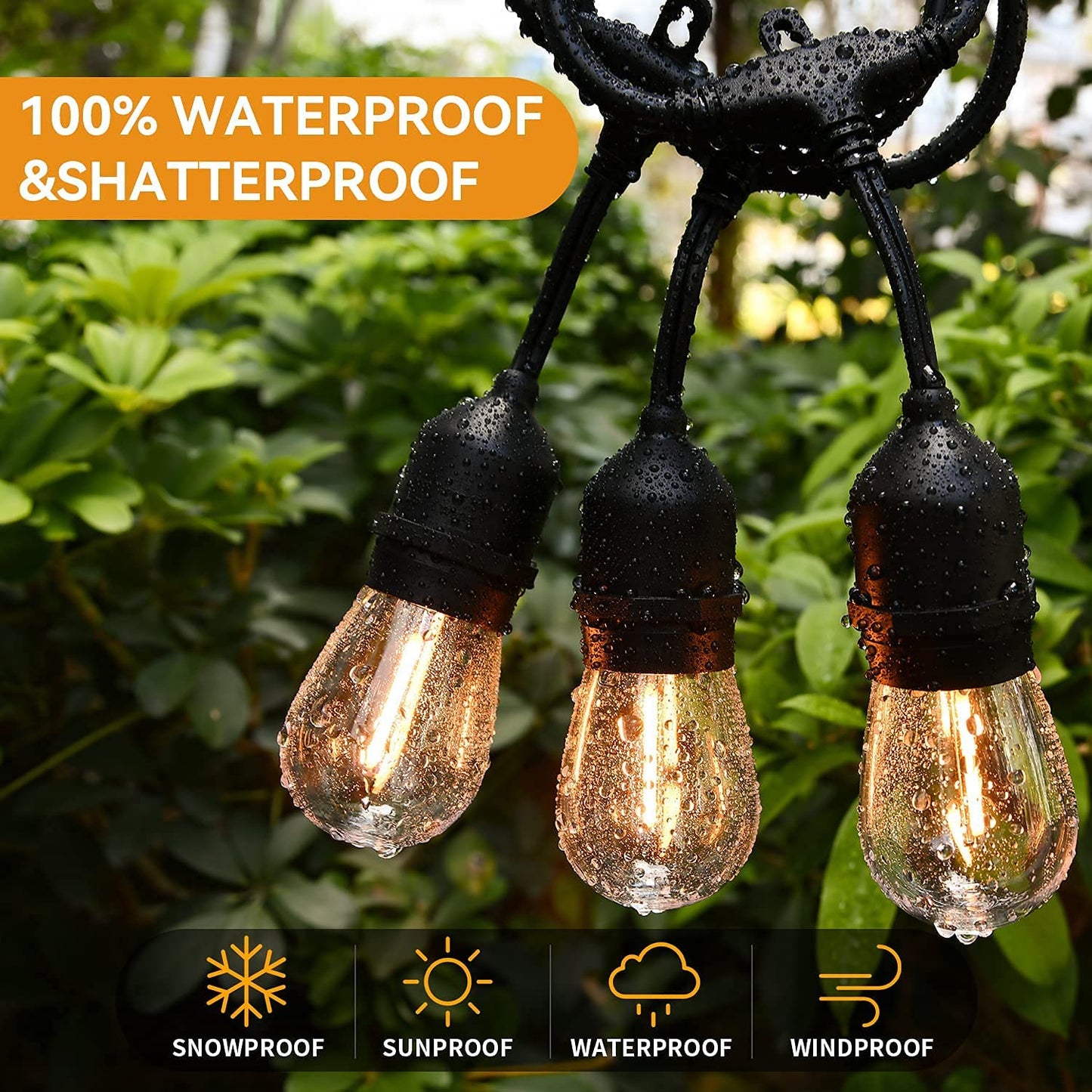 96FT LED Outdoor String Lights,Shatterproof Patio Backyard, Upgrade 2200K Warm Light Ambience,Commercial Grade Weatherproof Outdoor Lights,Heavy-Duty Decorative Café Porch,Bistro Garden,Trees