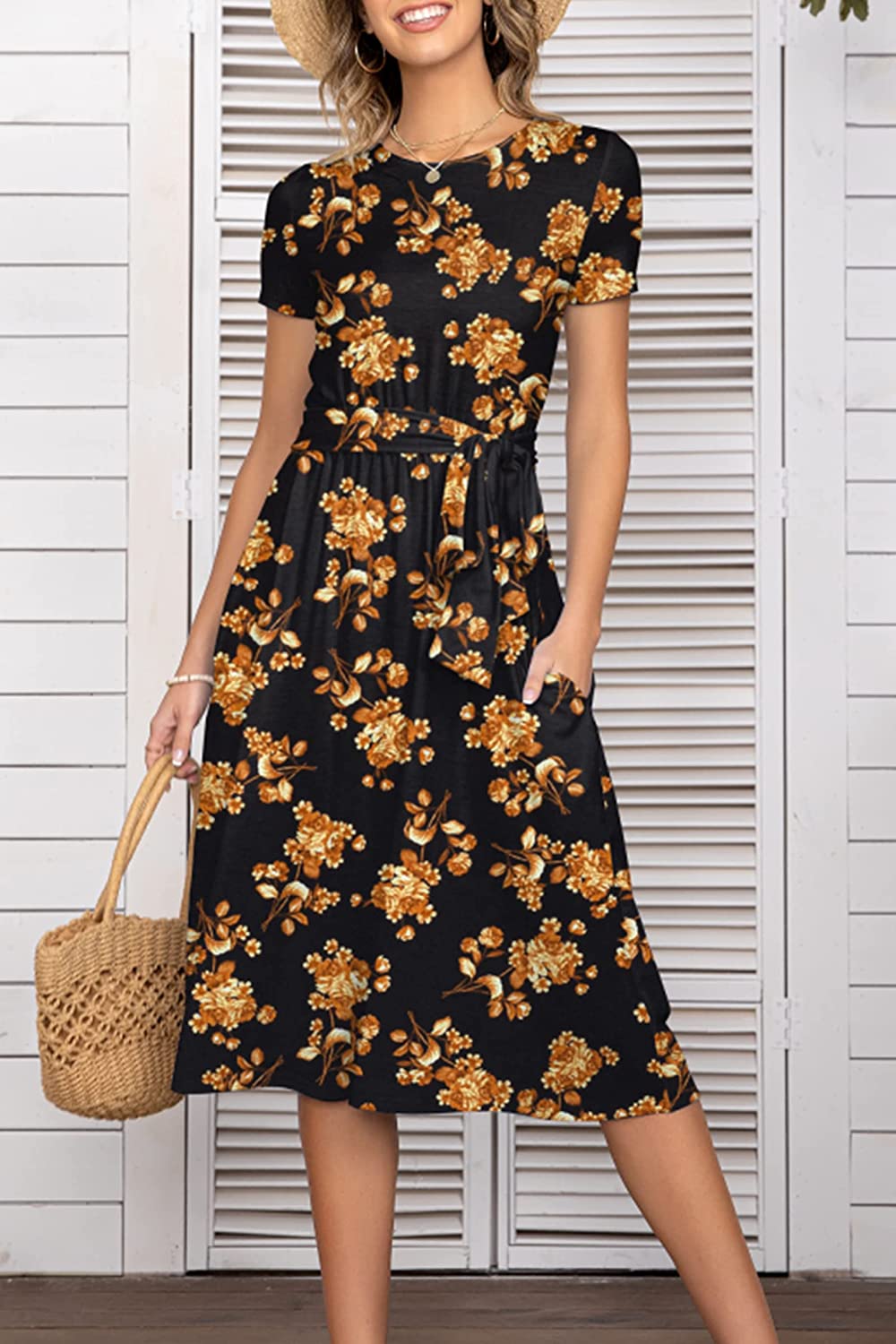 Women's Short Sleeve Striped Casual Flowy Midi Belt Dress with Pockets