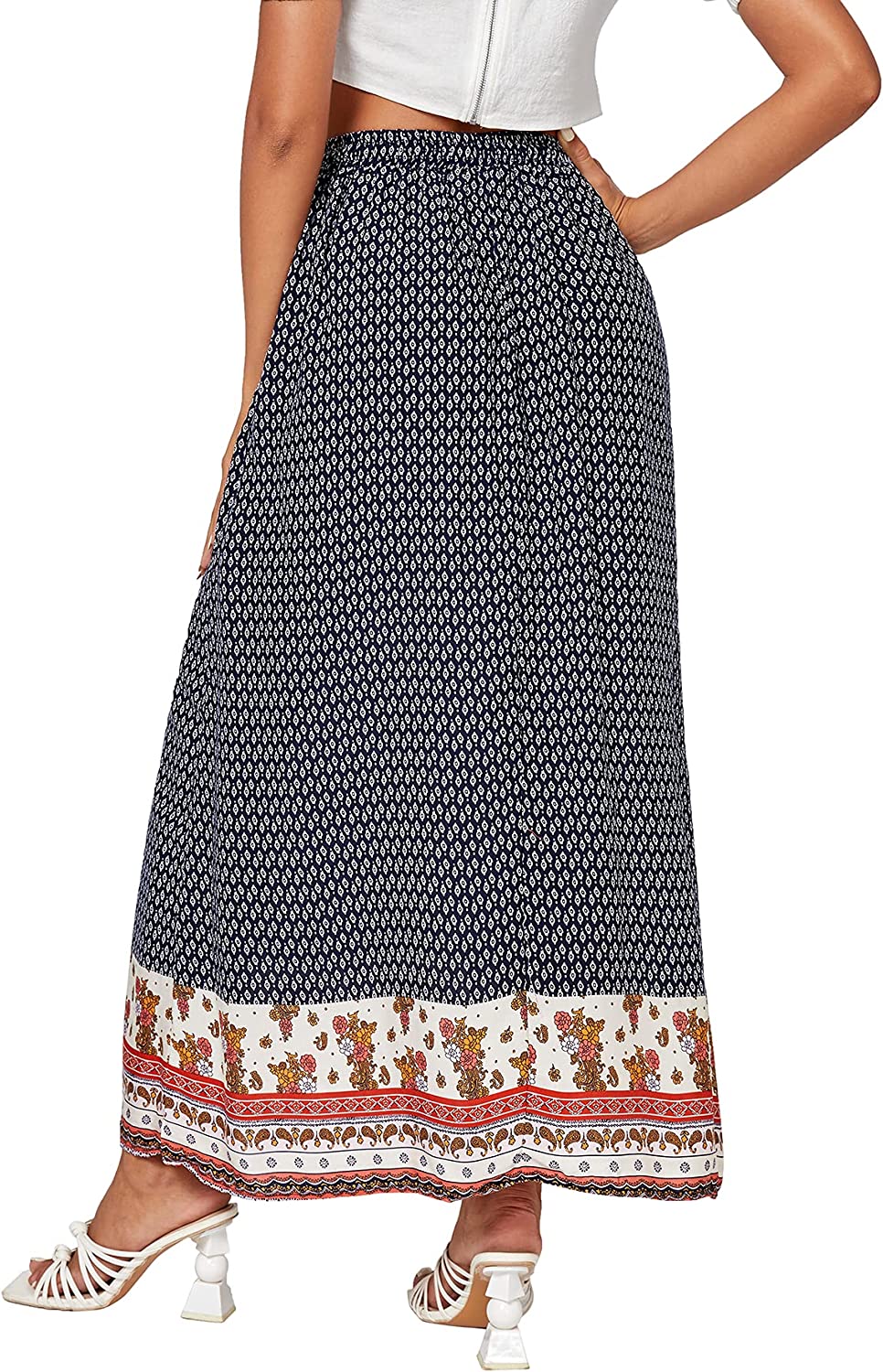 Women's Boho Vintage Print Pockets Side A Line Maxi Skirt