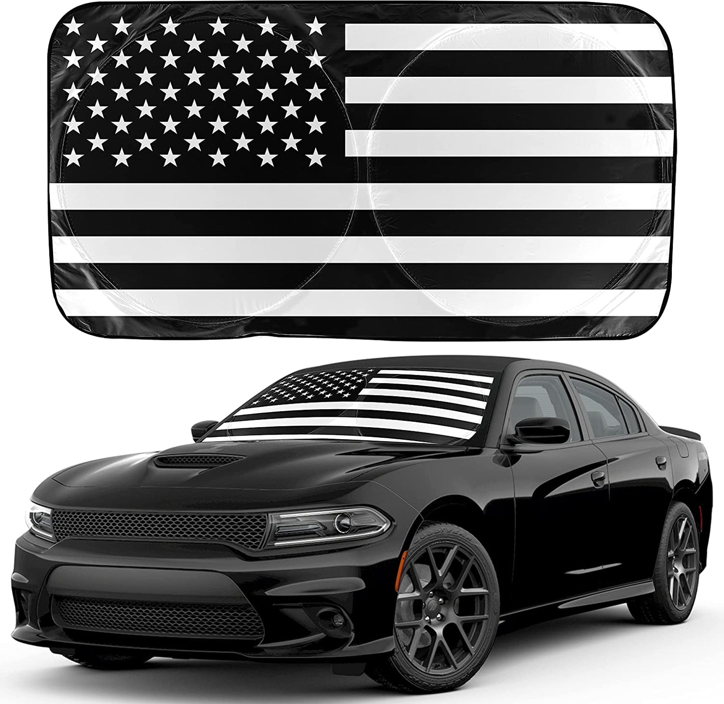 Black American Flag Patriotic Sun Shade Car Windshield for Truck & SUV | 240T Polyester Car Shade Front Windshield | 99% UV & Interior Protection Window Sun Blocker | Small 59 x 29 inches