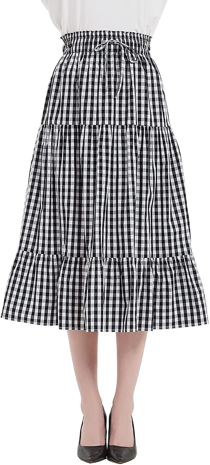 Womens A Line Long Midi Denim Skirt Tired Pleated Layers Elastic Waist Front Drawstring