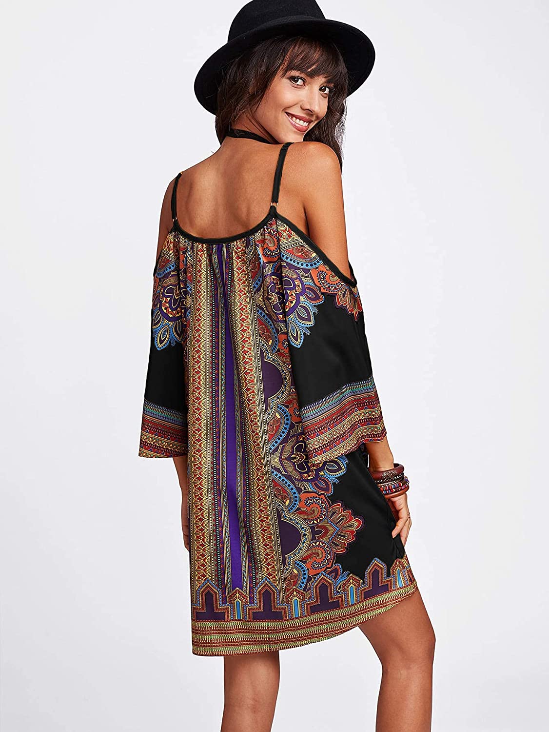 Women's Vintage Print Kimono Sleeve Geometric Tunic Boho Dress