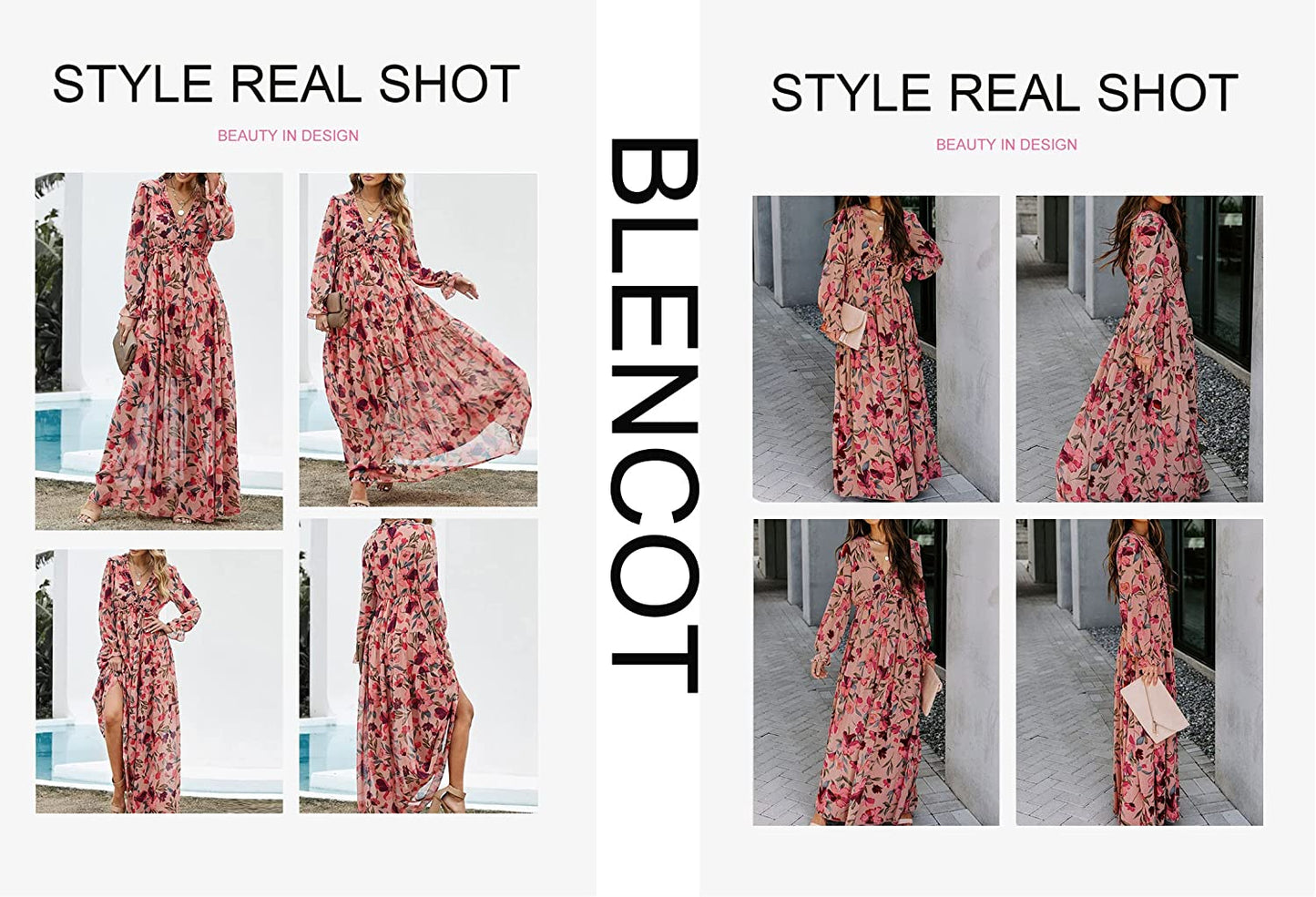 Womens Casual Floral Deep V Neck Long Sleeve Long Evening Dress Cocktail Party Maxi Wedding Dresses