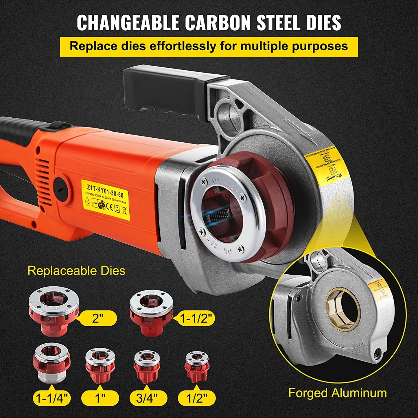 Electric Pipe Threader, 2300W Pipe Threading Machine, Heavy-Duty Hand-Held Power Drive Kit, 110V Pipe Threader Machine Copper Motor, Portable Pipe Threader with 6 Dies 1/2"-2" and Carrying Case
