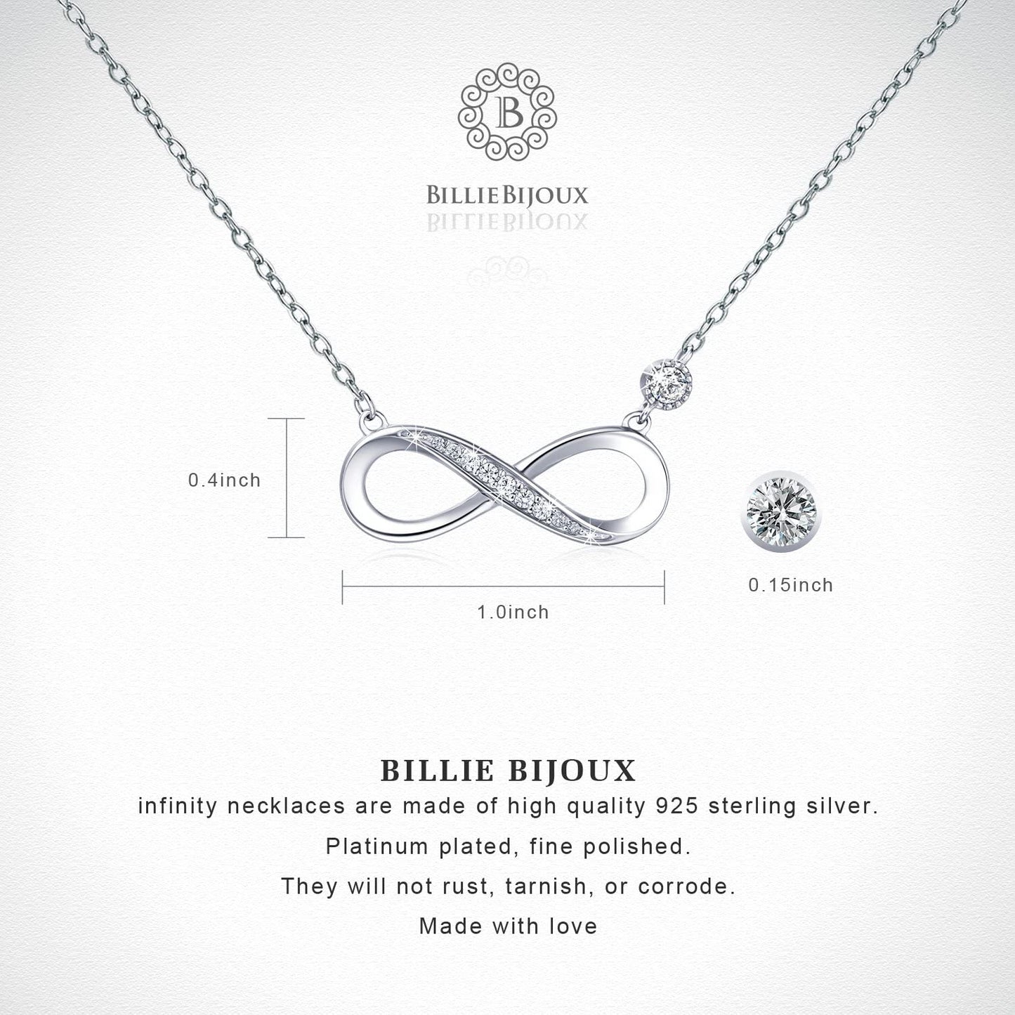 Billie Bijoux Infinity Necklaces 925 Sterling Silver Necklace Love Pendant White Gold Plated Diamond Women Necklace Mother's Day Gift for for Women Girls