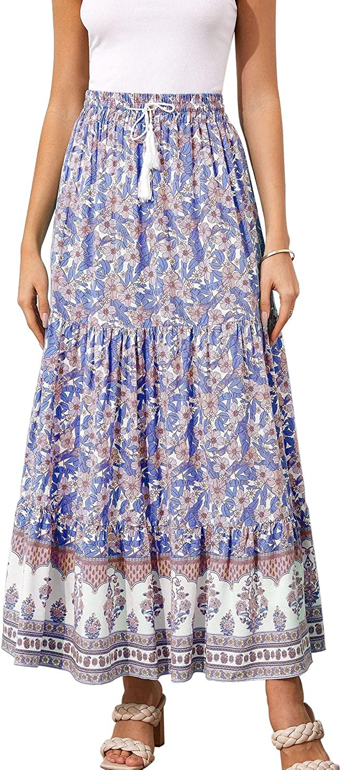 Women's Boho Maxi Skirts Elastic Waist A Line Flowy Tiered Button Split Floral Skirt
