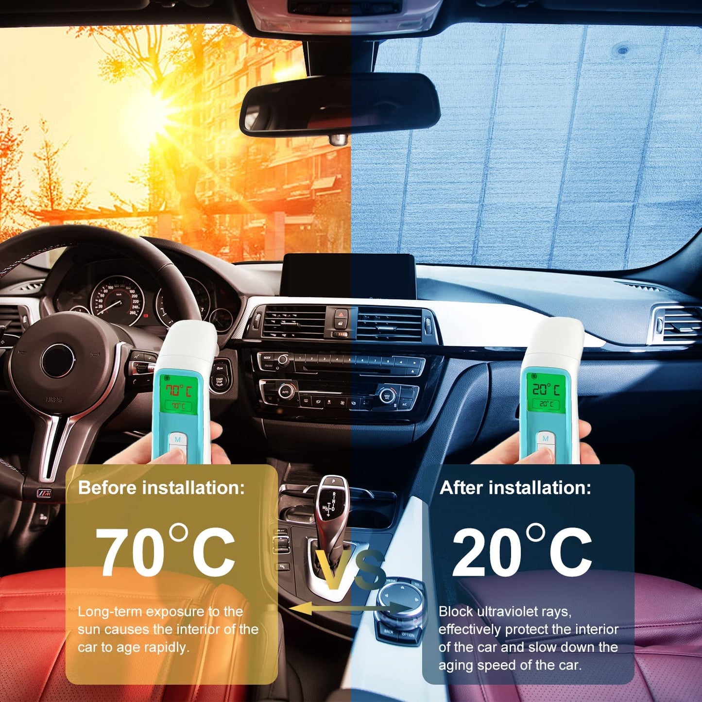 Car Windshield Sunshade, Accordion Foldable Front Windshield Sun Shade 5-Layer UV Protection Auto Sun Visor Cover Iridescent Bling Diamond Pattern Heat Reflector (54 x 27.5 Inch)