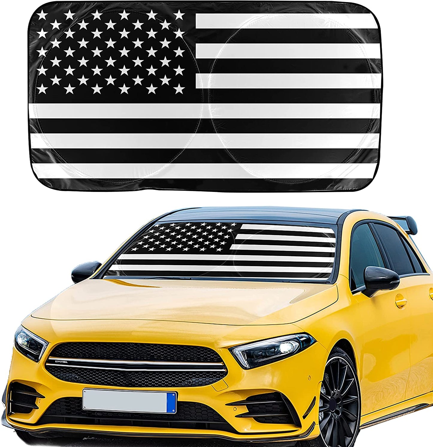 Black American Flag Patriotic Sun Shade Car Windshield for Truck & SUV | 240T Polyester Car Shade Front Windshield | 99% UV & Interior Protection Window Sun Blocker | Small 59 x 29 inches
