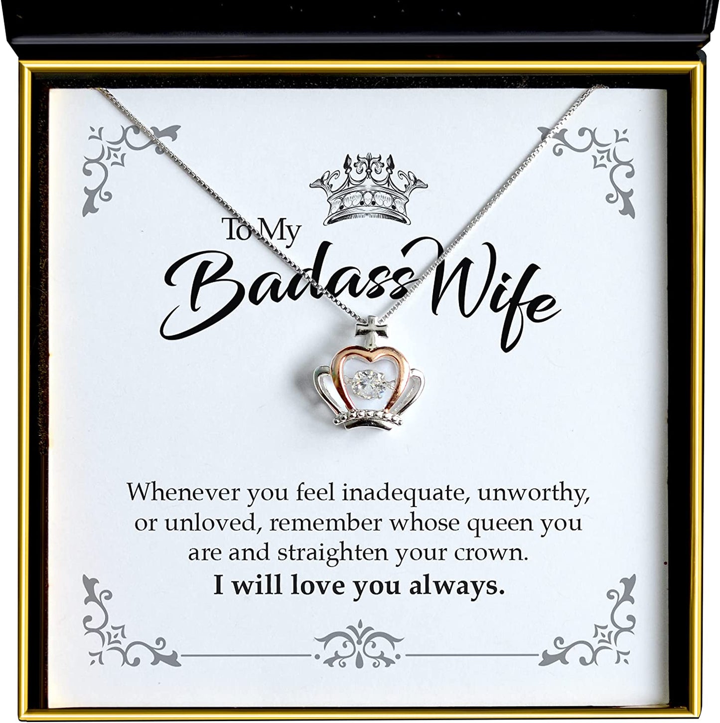 Aphrodite's To My Badass Wife, Luxe Crown Necklace Gift for Wife, 925 Sterling Silver, Necklaces for Women, Wedding Anniversary, Birthday Gifts for Her, Gifts for Wife