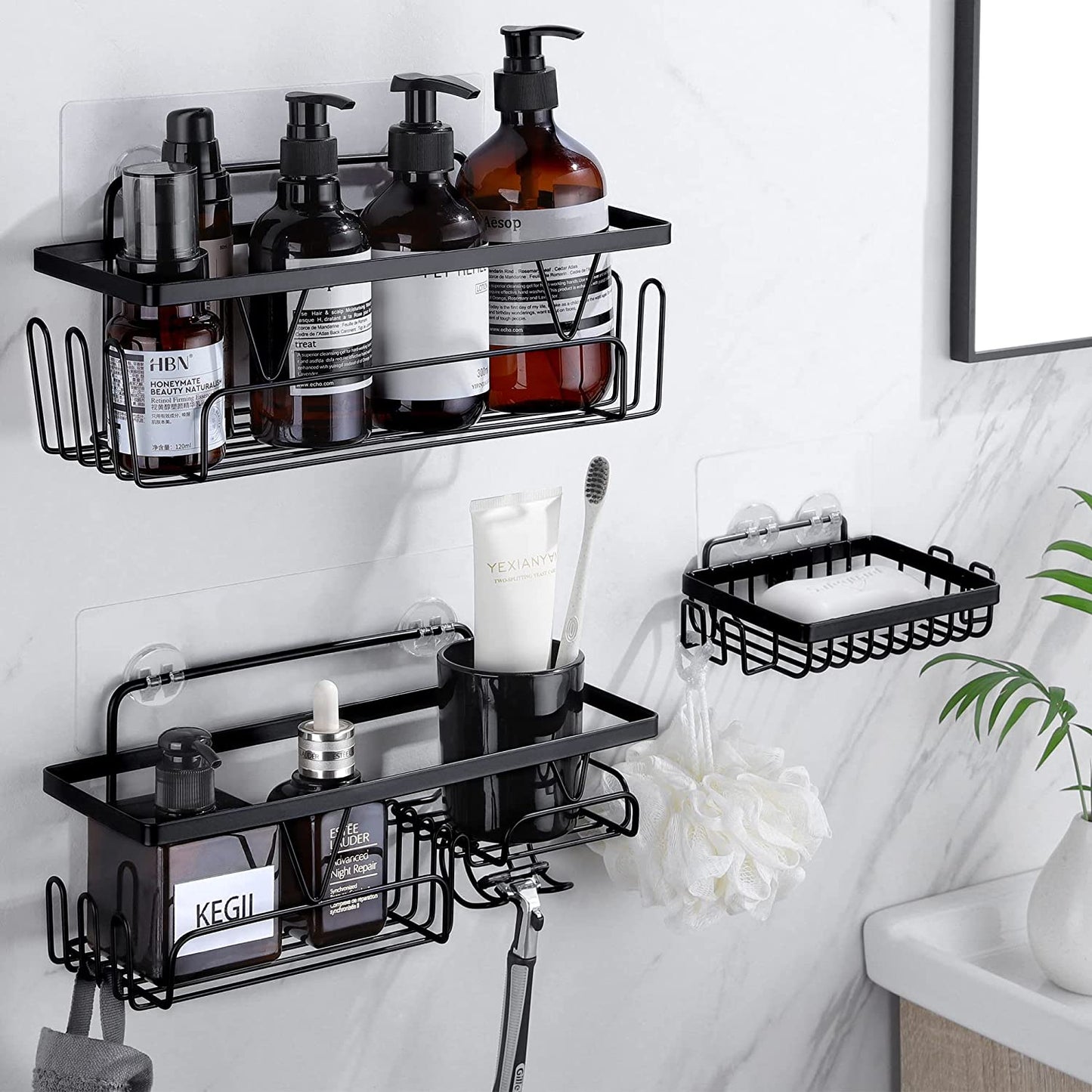 3 Pack Adhesive Shower Caddy Shelf Organizer with Soap Holder, Black Shower Wall Rack Storage Shampoo Holder Bathroom Organizer No Drilling for Kitchen, RV, Apartment Essentials