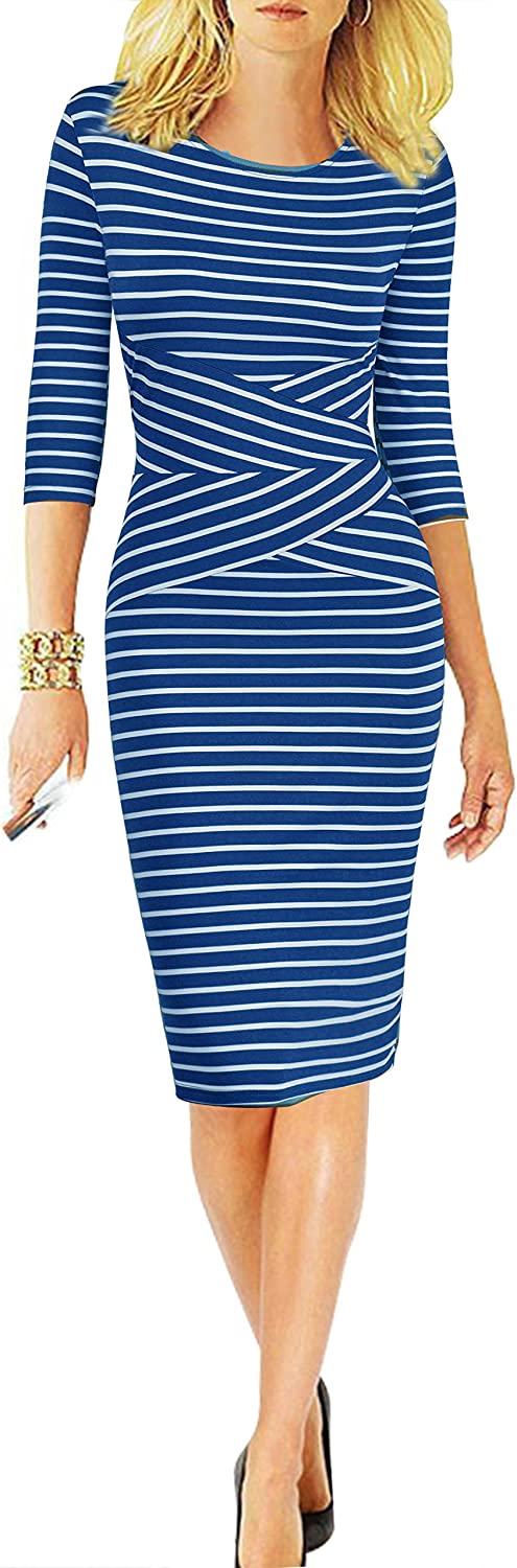 Women 3/4 Sleeve Striped Wear to Work Business Cocktail Pencil Dress