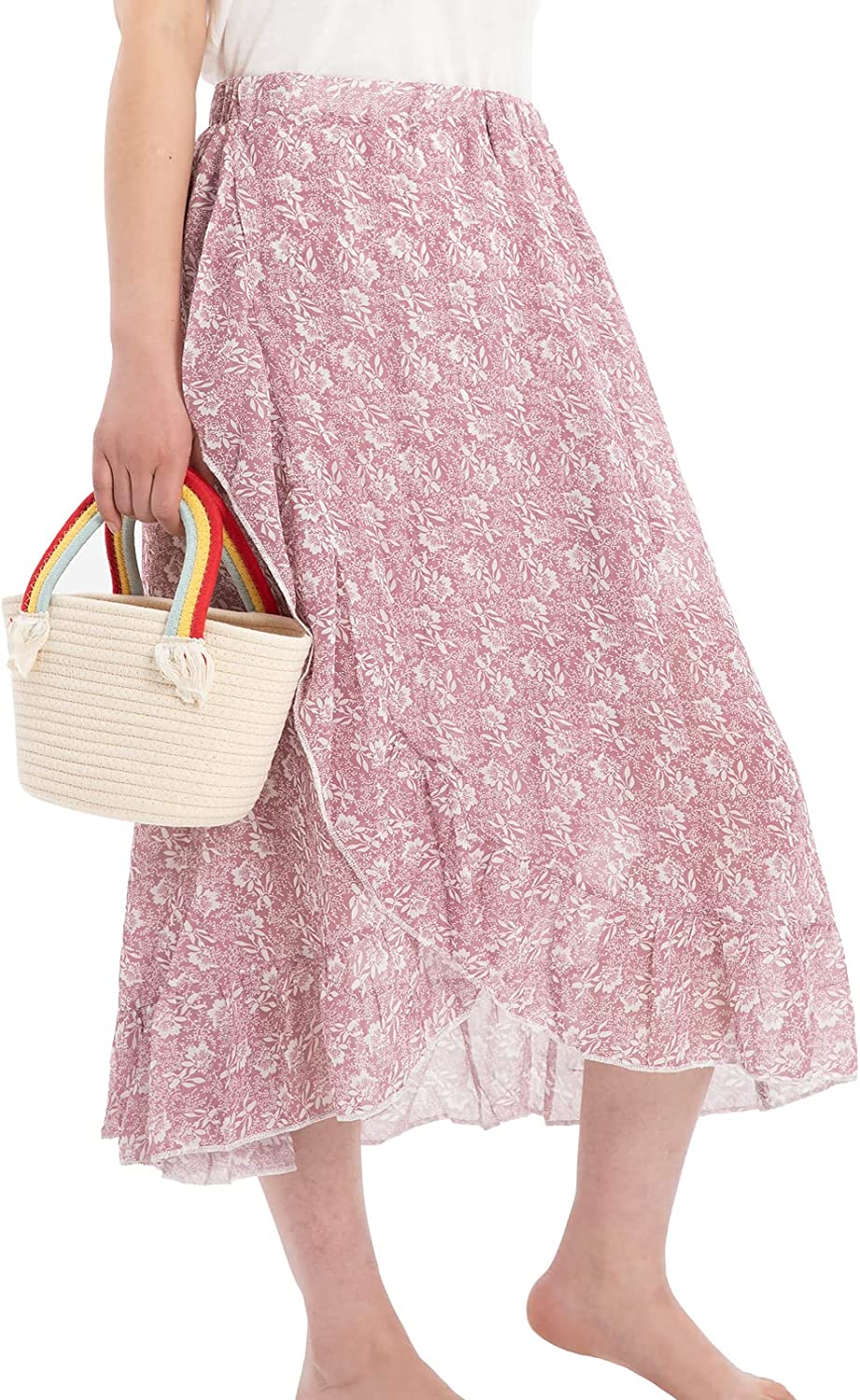 Womens Boho Floral Print High Waisted Wrap Skirts Ruffle Hem Tie Knot Summer Chiffon Flowy Midi Skirts