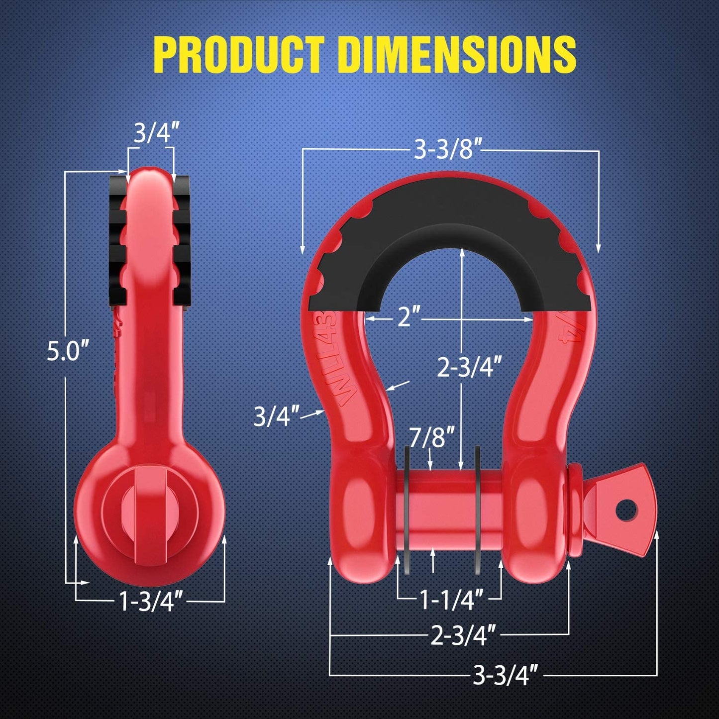 2 Pack 3/4" D-Ring Shackle 4.75 Ton (9500 Lbs) Capacity with 7/8" Pin Heavy Duty Off Road Recovery Shackle with Isolators & Washer Kit for Jeep Truck Vehicle, Red (90053B)