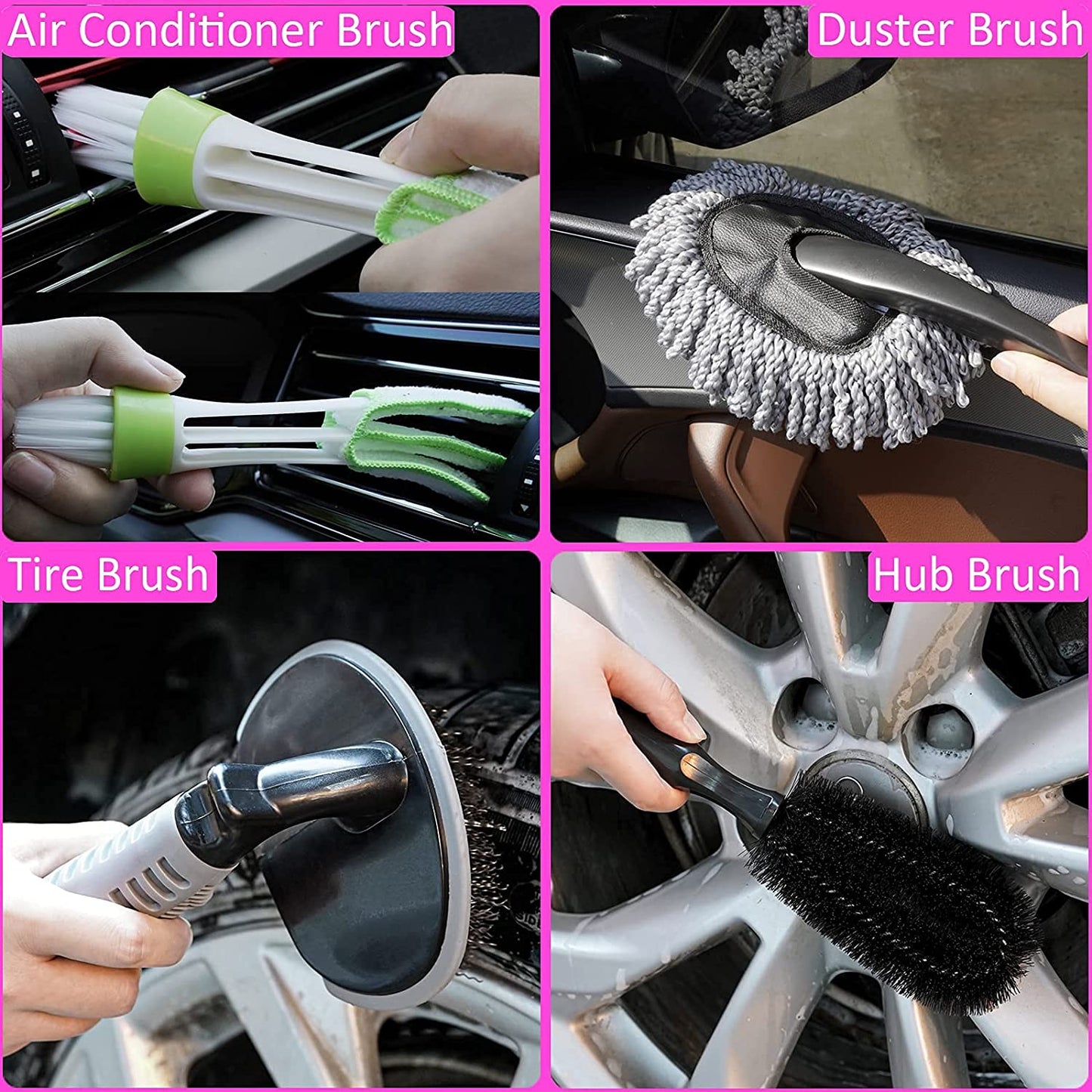 29Pcs Car Cleaning Kit Wash Tools Set with 41" Long Handle Brush Mop, Extendable Long Pole Window Water Scraper, Wash Mitt Large Towels, Storage Box for Interior and Exterior Detailing, Pink