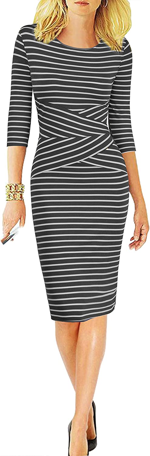 Women 3/4 Sleeve Striped Wear to Work Business Cocktail Pencil Dress