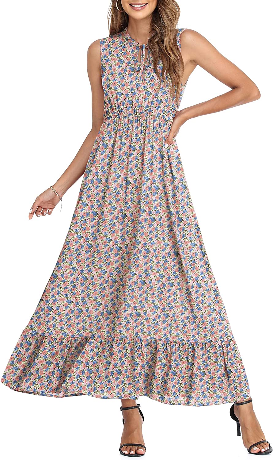 Women's Sleeveless Summer Tie Neck High Waist Casual Boho Dress Floral Print Ruffle Hem Long Beach Maxi Dresses