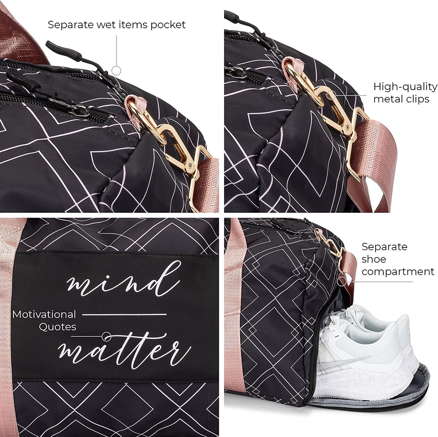 Bag for Women with Shoe Compartment and Wet Pocket | Lightweight Gym Duffle with Motivational Quote and Graphic Designs | Great for Working Out, Travel, and Overnights | Black/Rose - Diamond