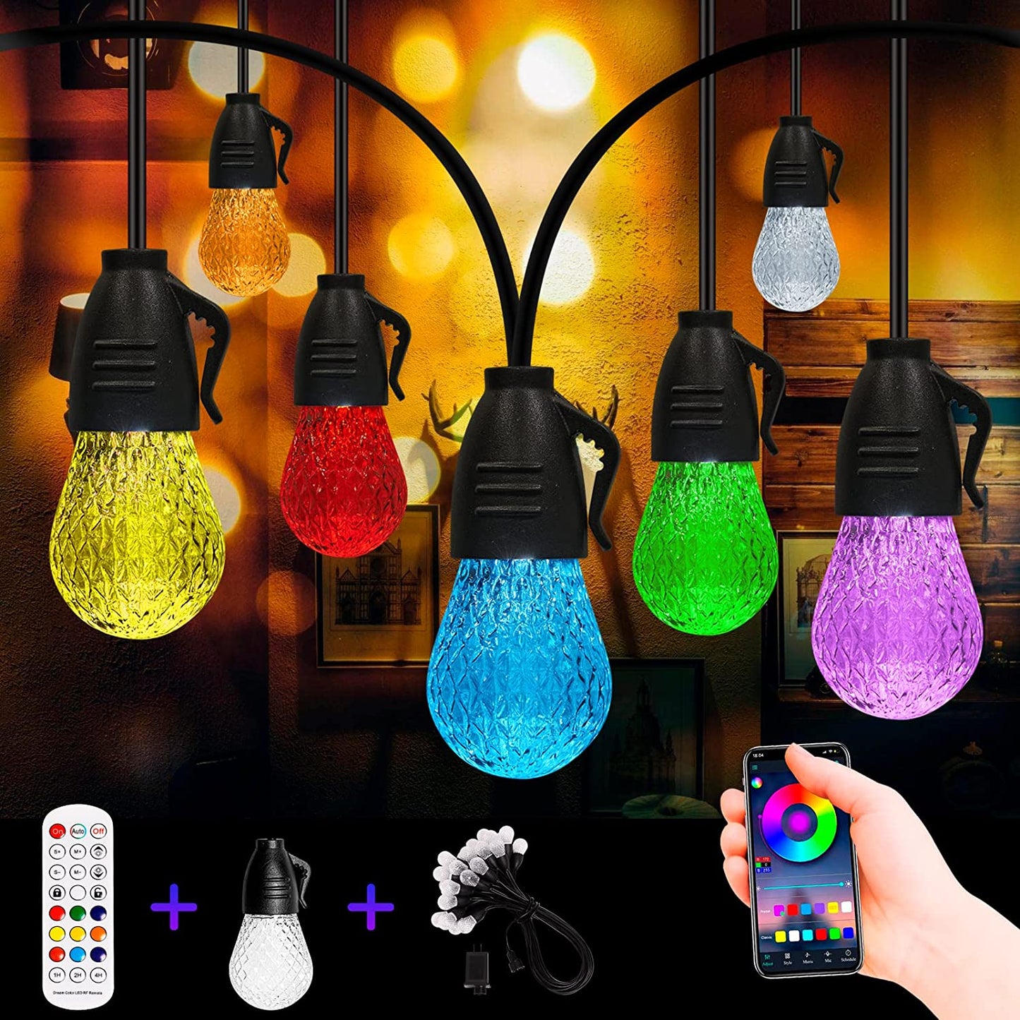 String Lights 49ft for Outside GARIBOSH Outdoor Waterproof Shatterproof, Patio Lights String APP and Remote Control Color Changing,Balcony, Garden Party