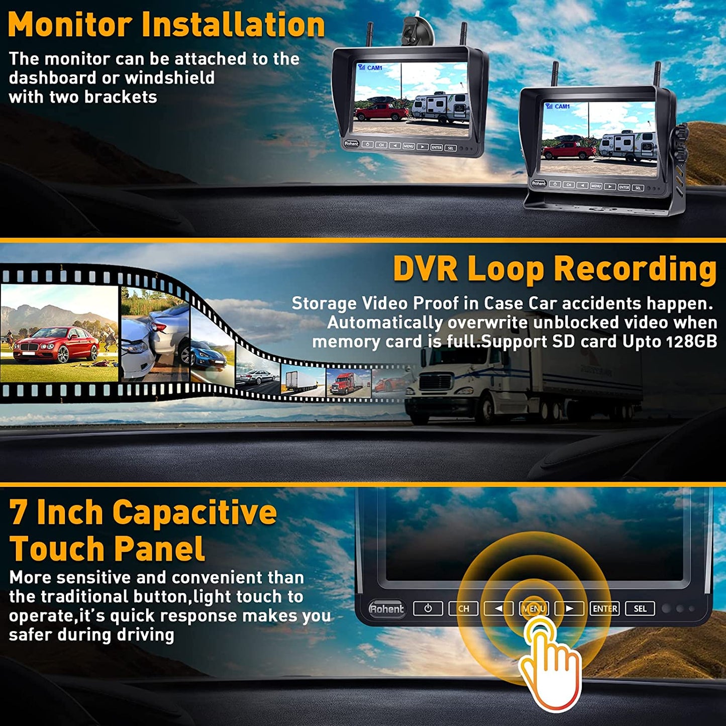 RV Backup Camera Wireless HD 1080P 7'' Touch Key DVR Monitor Rear View System Infrared Night Vision Waterproof for Truck Trailer Camper 4 Channels Adapter for Furrion Pre-Wired RVs Rohent R9