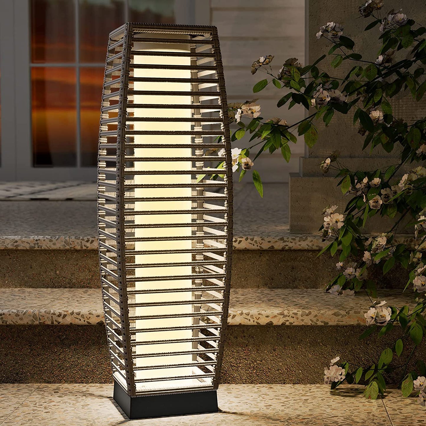 Grand patio Outdoor Solar-Powered Resin Wicker Light, Backyard Decoration, Floor Lamp, Garden and Deck (Black-Large Crossover )