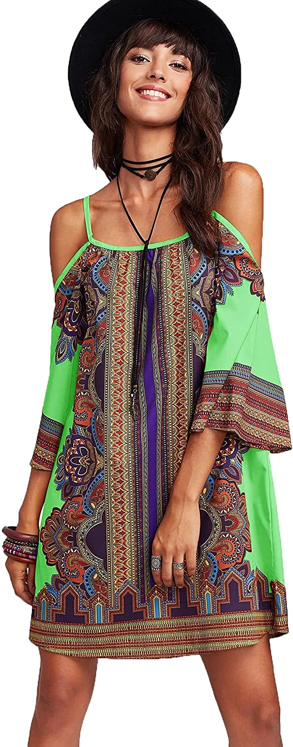 Women's Vintage Print Kimono Sleeve Geometric Tunic Boho Dress