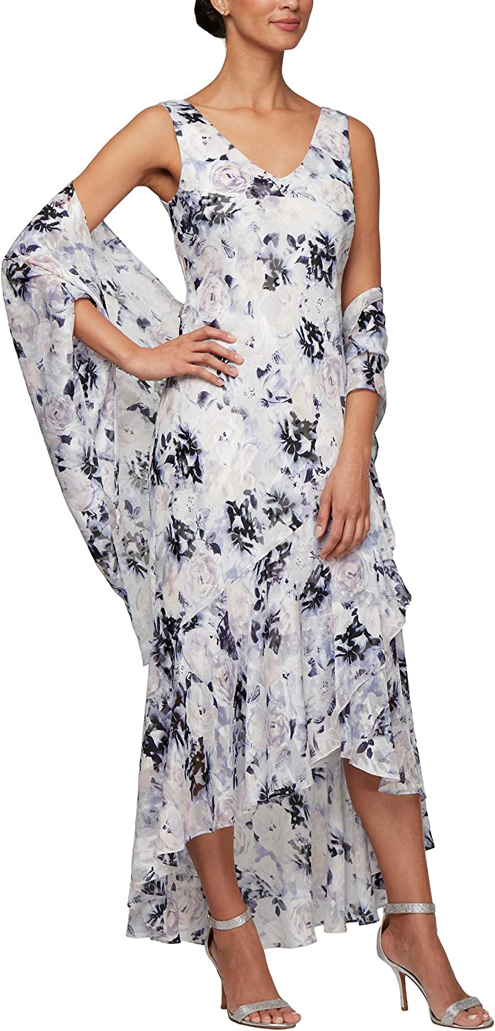 Evenings Women's Tea Length Printed Chiffon Dress with Shawl