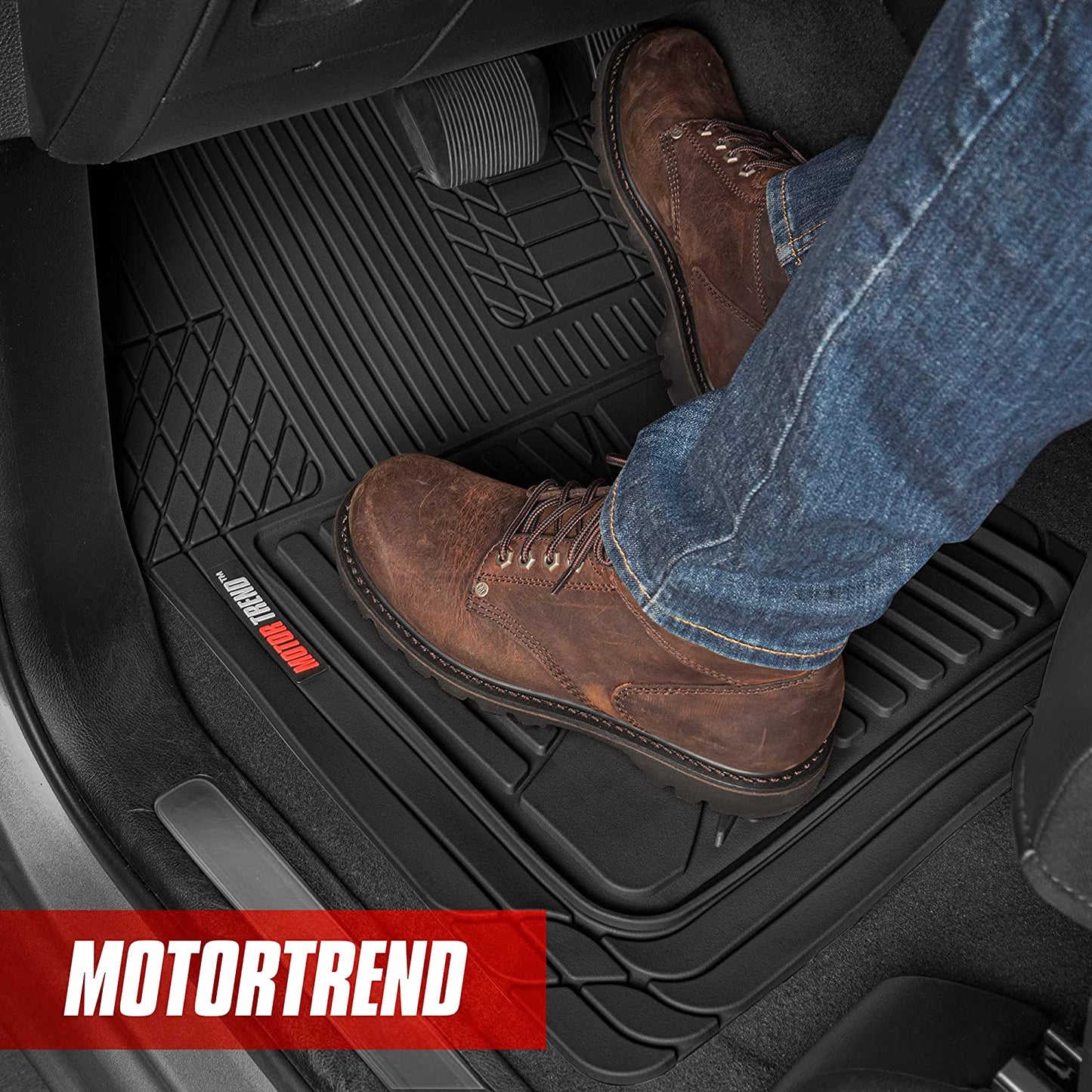 FlexTough Advanced Black Rubber Car Floor Mats - 3 Piece Front & Rear Trim to Fit Floor Mats for Cars Truck SUV, All Weather Automotive Liners with Traction Grips and Multiple Trim Lines
