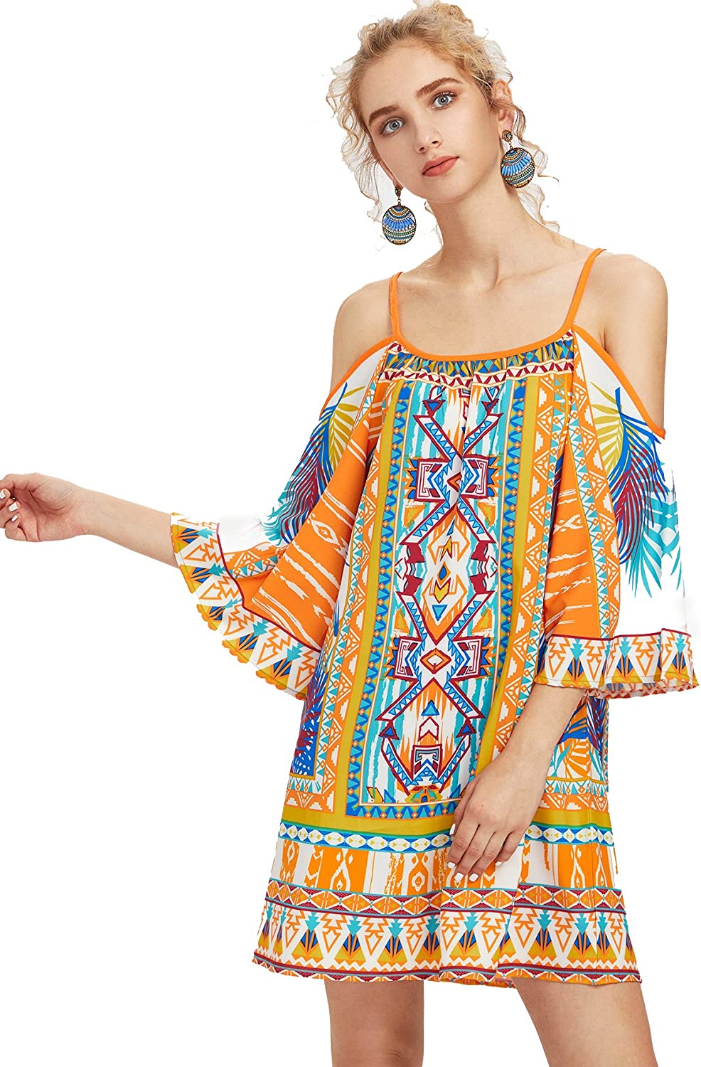 Women's Vintage Print Kimono Sleeve Geometric Tunic Boho Dress