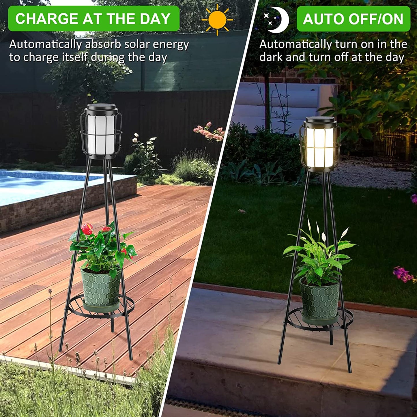 Solar Outdoor Floor Lamp Waterproof (2pcs), Metal Solar Lights Outdoor with Plant Stand, Outdoor Lamp for Deck Patio Yard Garden Decor