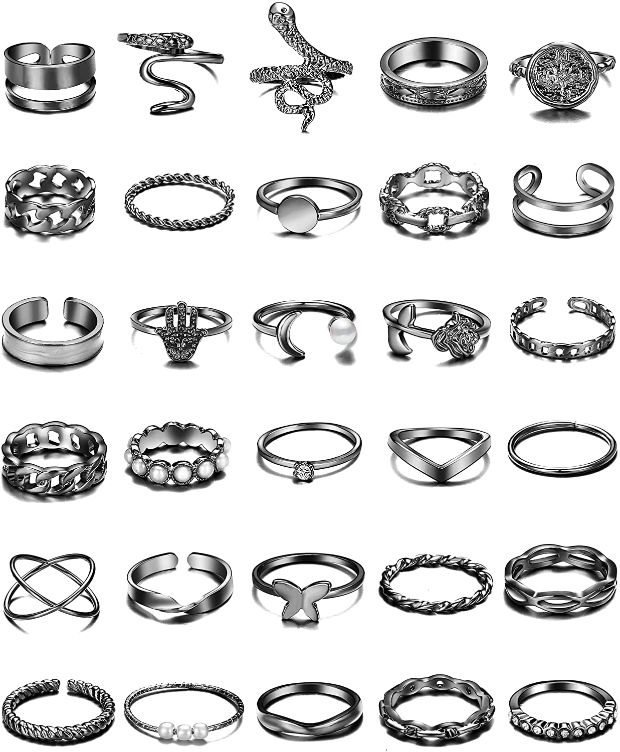 30 Pcs Vintage Gold Knuckle Rings Set, Boho Butterfly Snake Stackable Finger Rings for Women Girls, Silver Midi Rings Pack