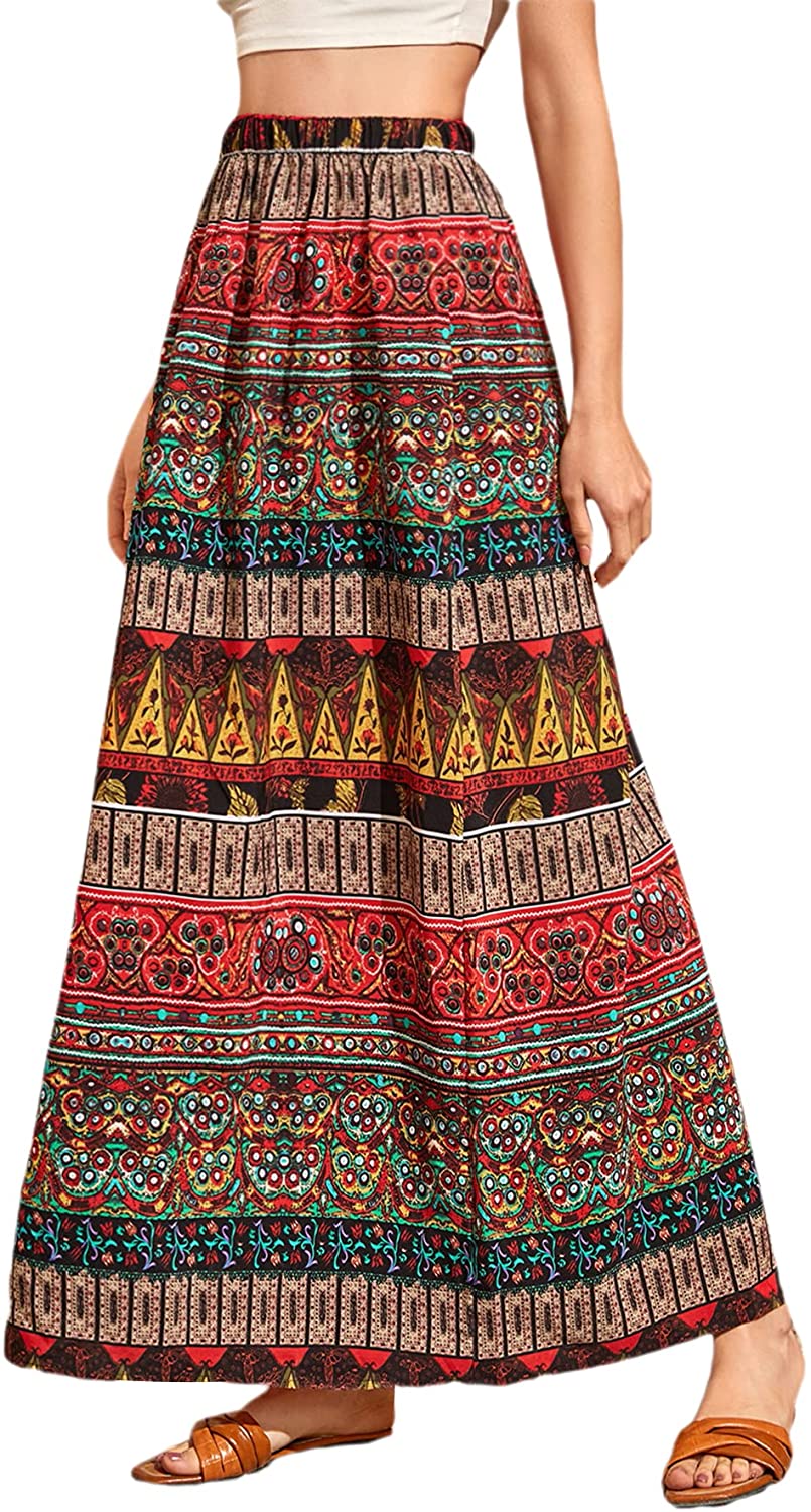 Women's Boho Vintage Print Pockets Side A Line Maxi Skirt