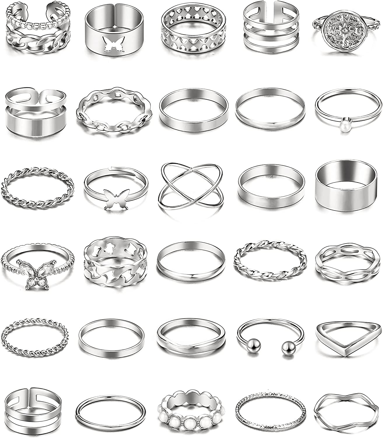 30 Pcs Vintage Gold Knuckle Rings Set, Boho Butterfly Snake Stackable Finger Rings for Women Girls, Silver Midi Rings Pack
