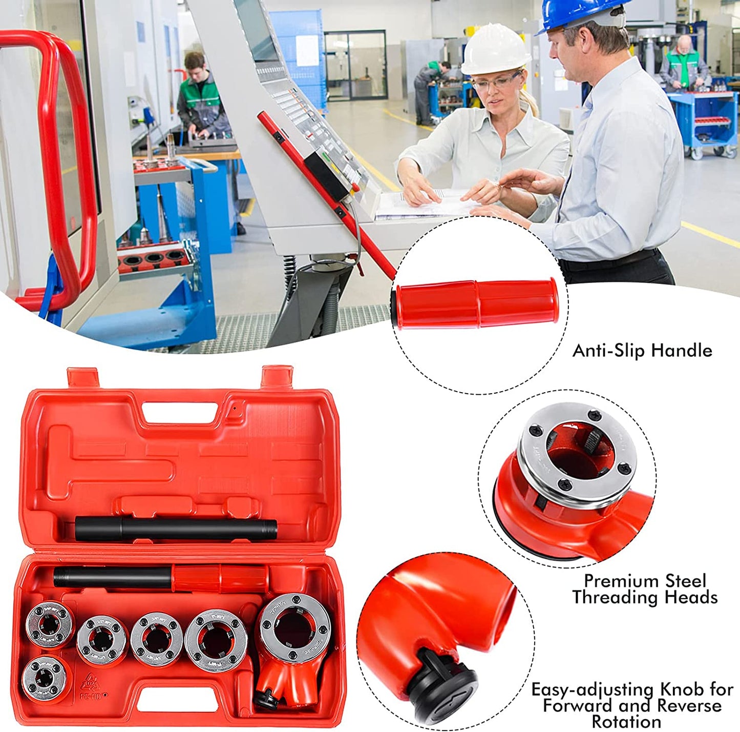 Goplus Ratchet Pipe Threader Kit, Ratcheting Pipe Threading Tool Set w/ 6 Dies- 1/4", 3/8", 1/2", 3/4", 1", 1-1/4" and Storage Case