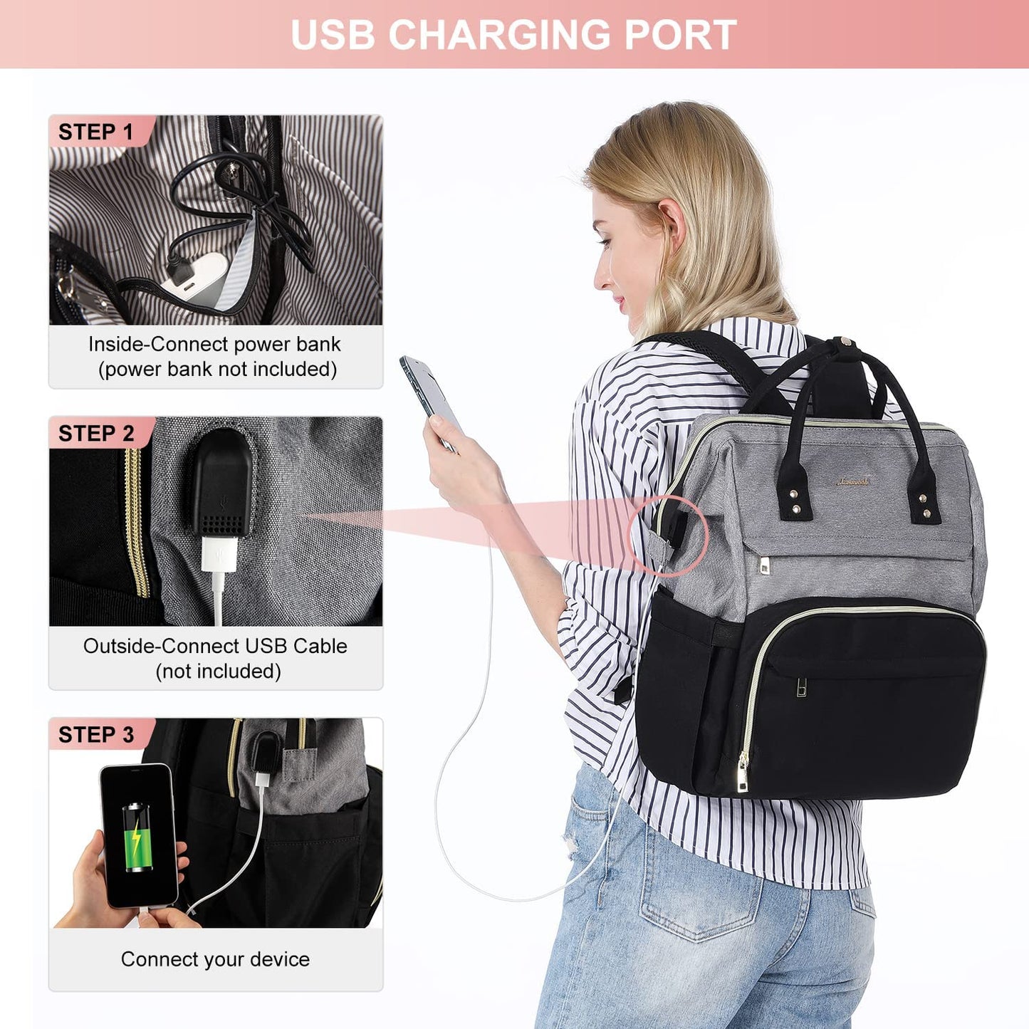 Laptop Backpack Purse for Woman, 17 Inch Computer Business Backpacks Stylish School Bookbag, Teacher Doctor Nurse Bags for Work, Casual Daypack Backpack with USB Port,Grey-Black