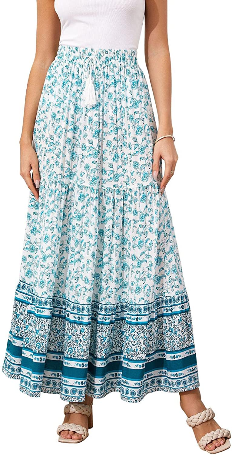 Women's Boho Maxi Skirts Elastic Waist A Line Flowy Tiered Button Split Floral Skirt