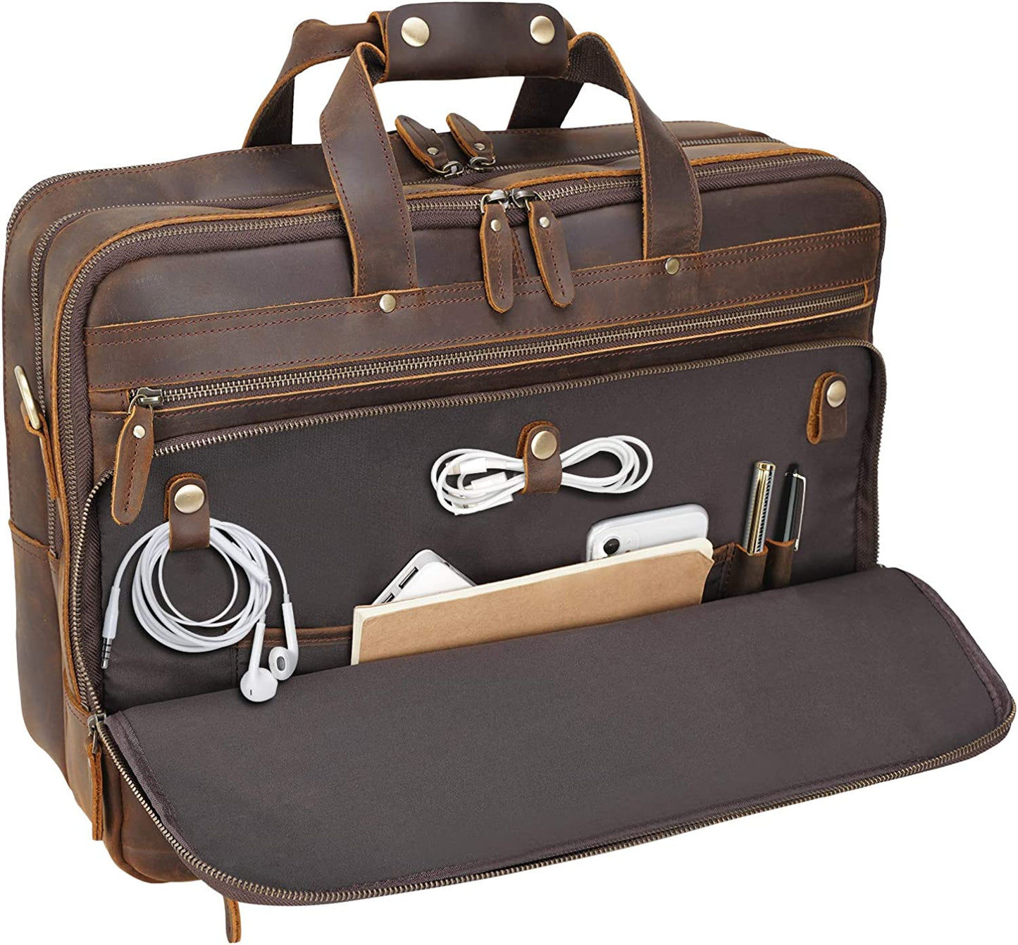 Polare X-Large 18" Full Grain Leather Briefcase For Men Business Travel Case Messenger Bag Fits 17.3" Laptop