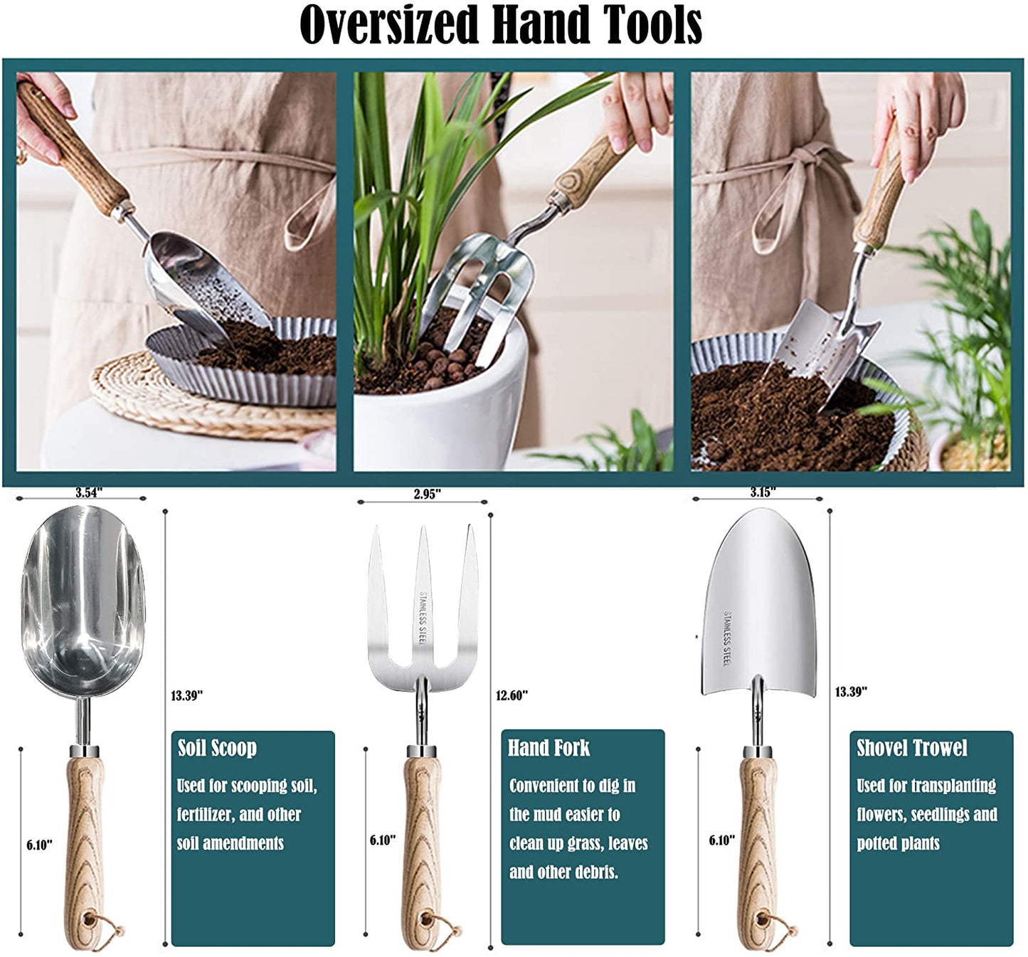 Milcil Garden Tool Set, 16 Piece Stainless Steel Heavy Duty Gardening Tool Set, with Wood Grip, Storage Box, Ideal Garden Tool Kit Gift for Women/Parent/Children