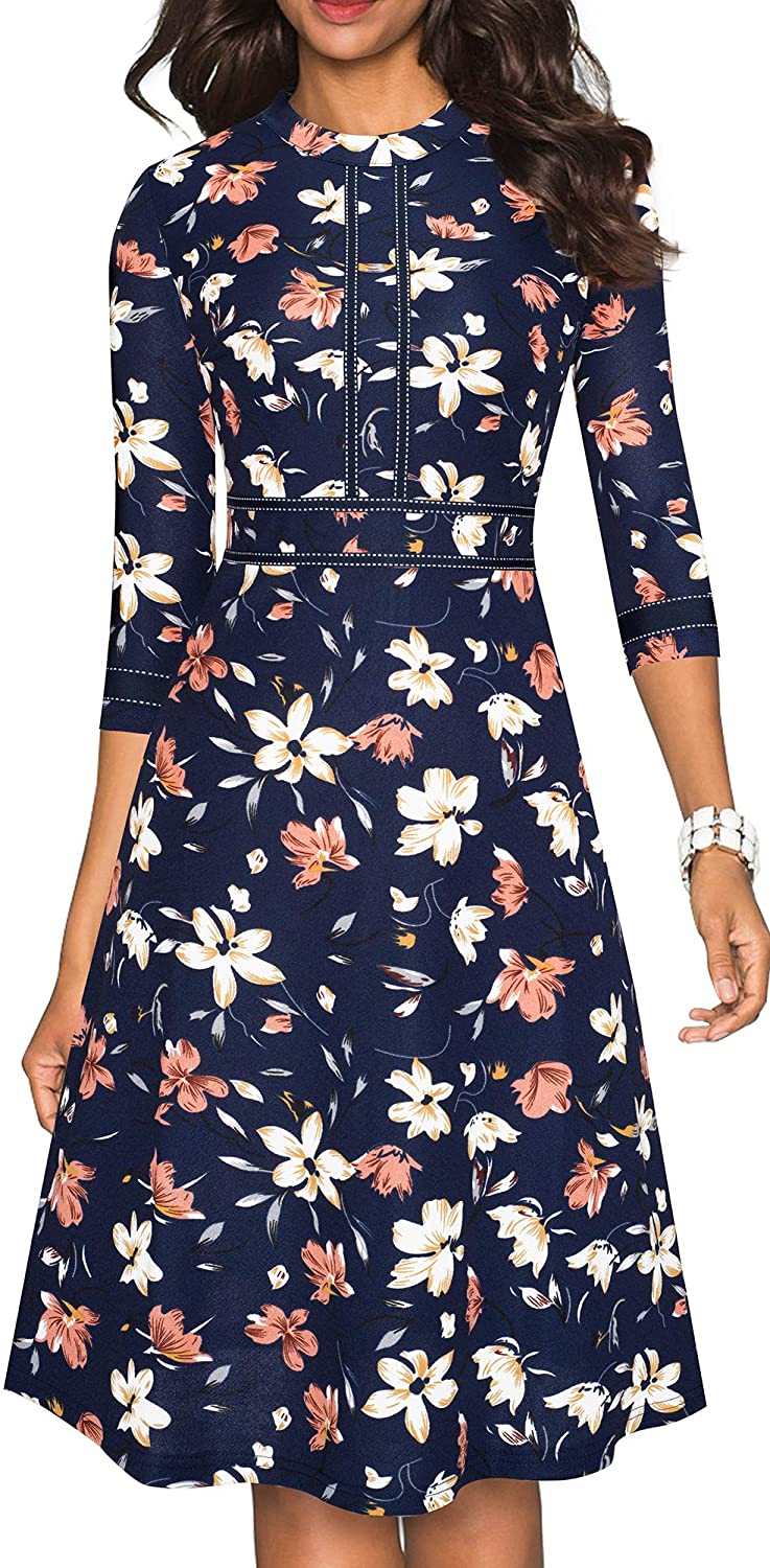 Women's Chic Crew Neck 3/4 Sleeve Party Homecoming Aline Dress A135