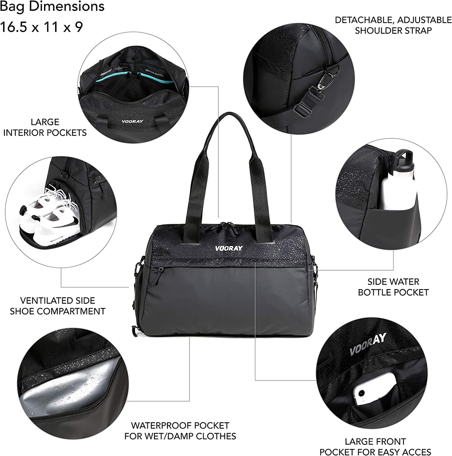 Vooray Trainer Duffle, Water-Resistant Gym Bag with Shoe Compartment and Wet-Gear Pocket 25L (Black Foil, Trainer (24L))