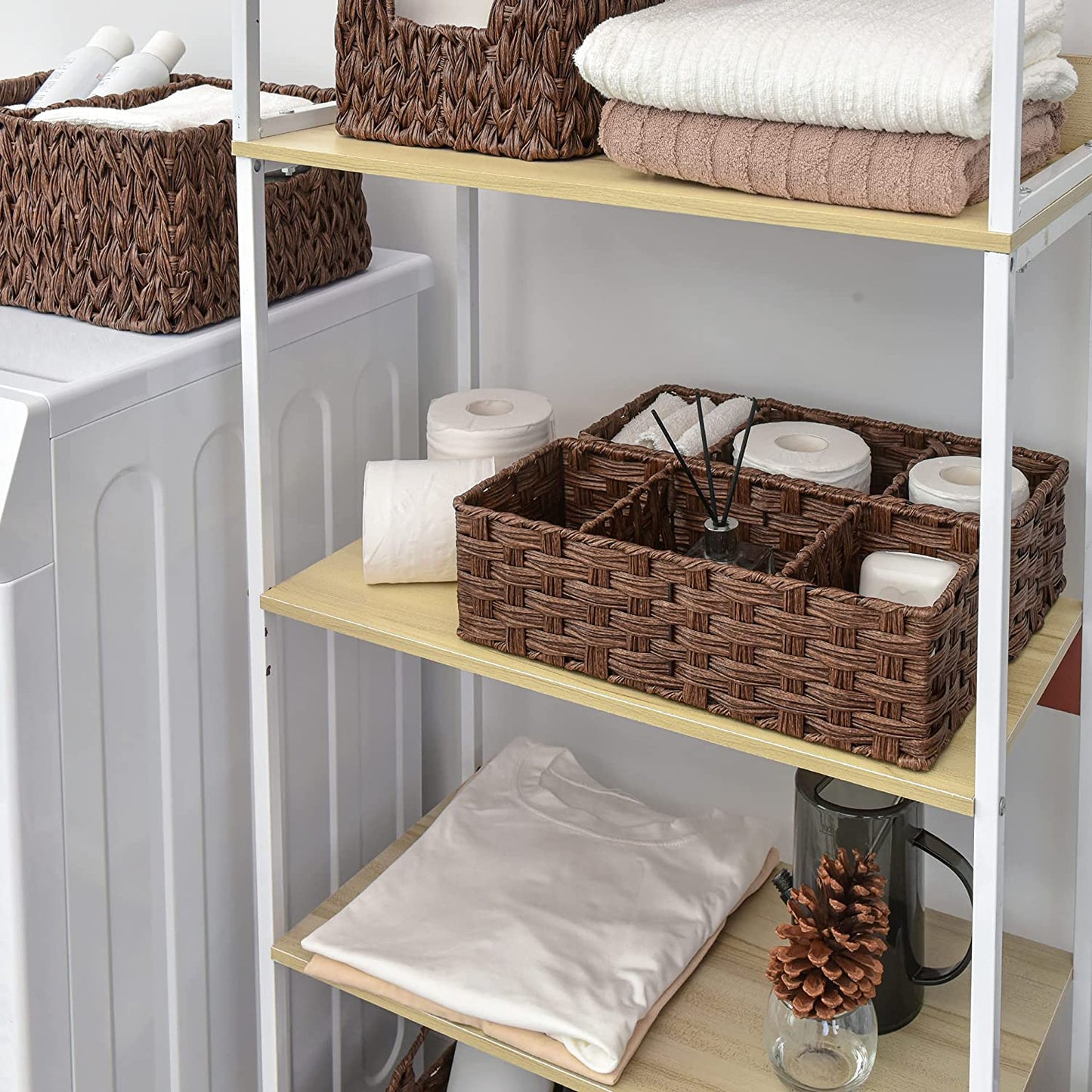 Bathroom Baskets for Organizing, Toilet Storage Basket Waterproof, Wicker Tank Basket with 2 Dividers, Brown, 2-Pack