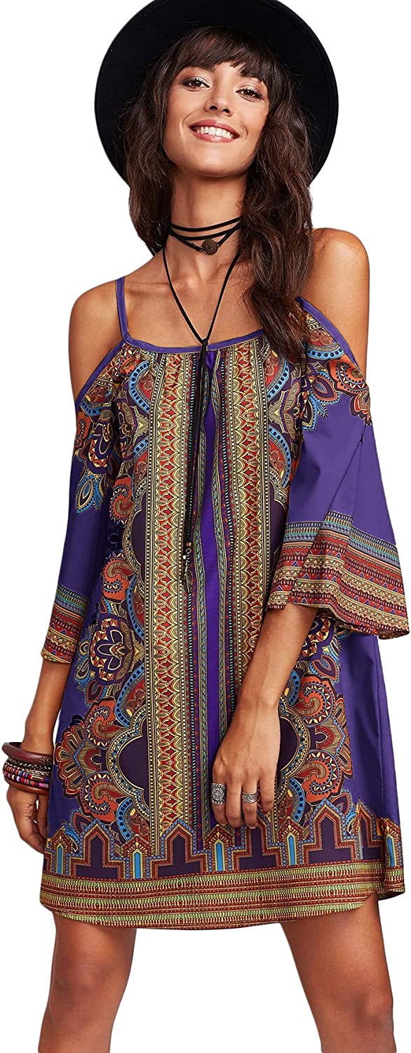 Women's Vintage Print Kimono Sleeve Geometric Tunic Boho Dress