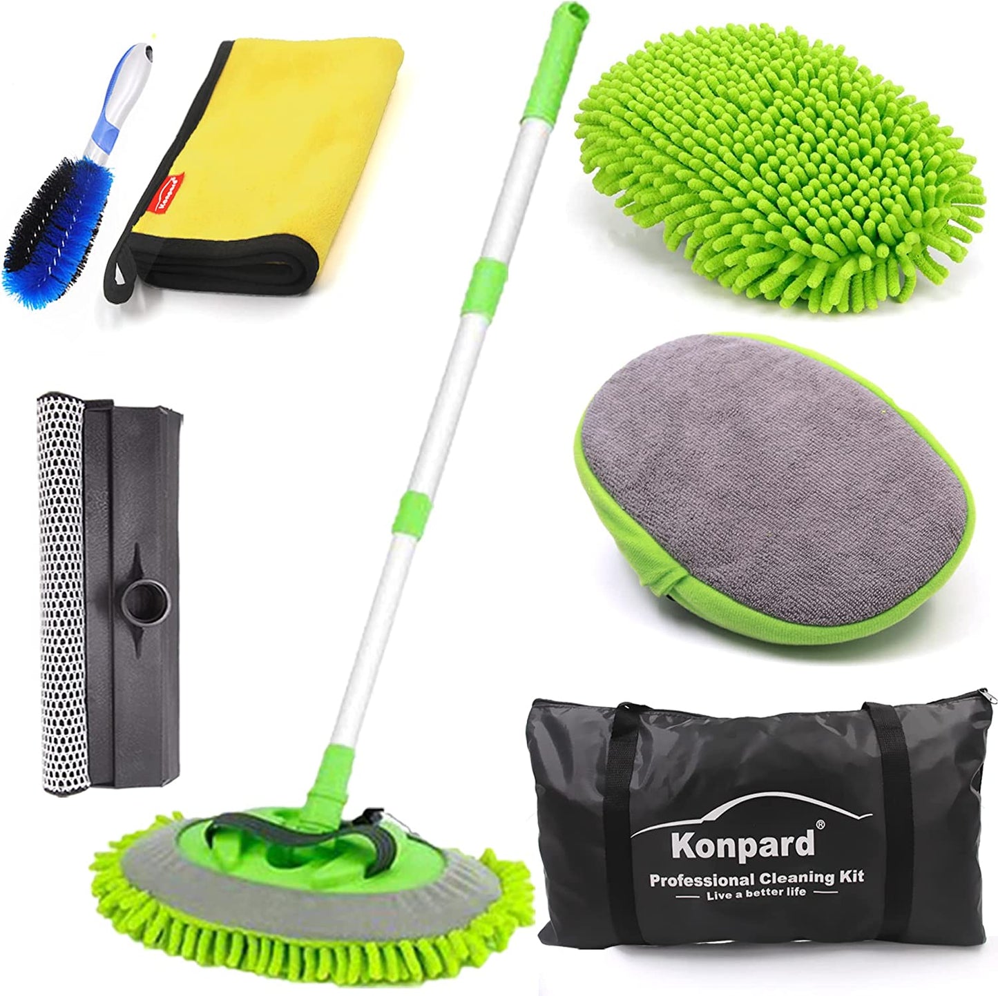 7pcs Car Wash Brush Kits with 42.5" Aluminum Alloy Long Handle,Car Wash Kit Auto Care–Exterior and Interior Cleaning–Tire Wheel Brush–Window Squeegee–Window Cleaner Tool-Tool Bag