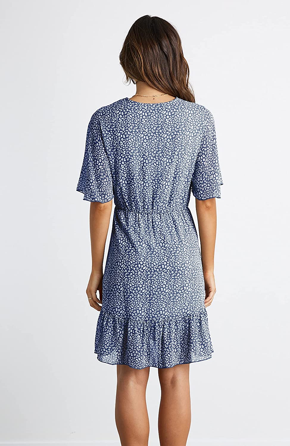 Women’s Summer Dress Short Sleeve Ruffle Leopard Print Sexy V Neck High Waist Short Flowy Mini Dress with Belt