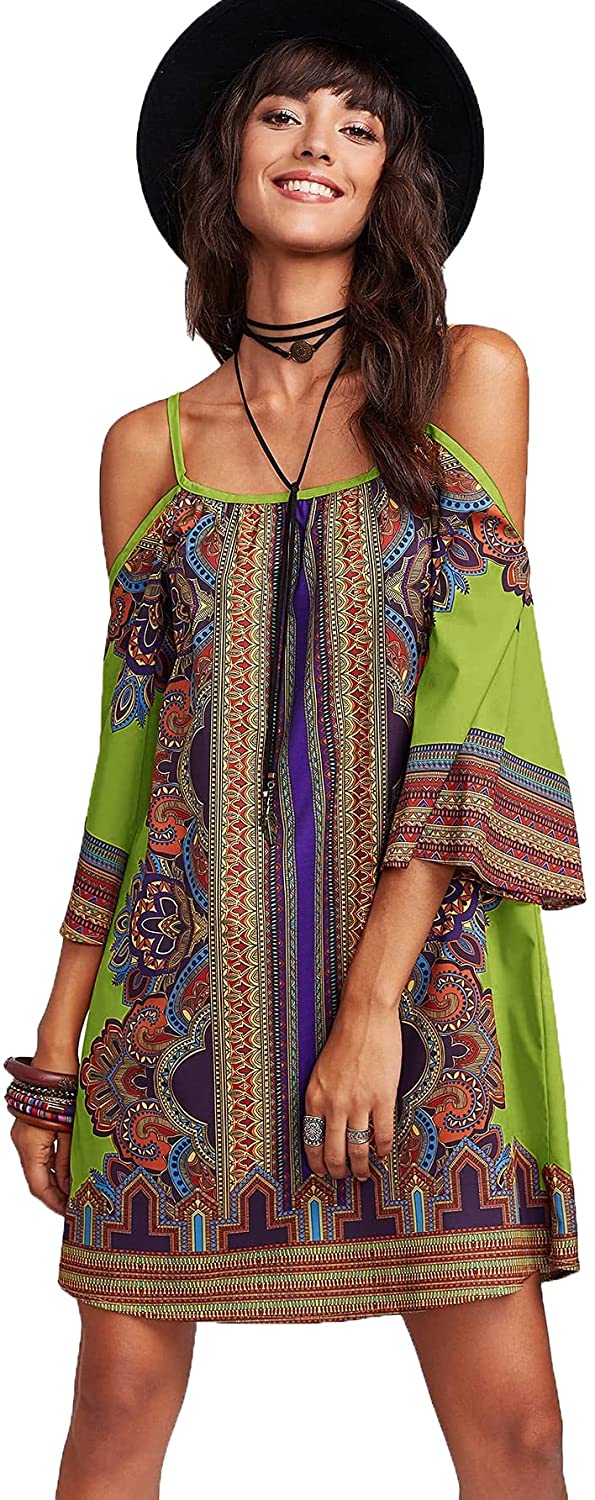 Women's Vintage Print Kimono Sleeve Geometric Tunic Boho Dress