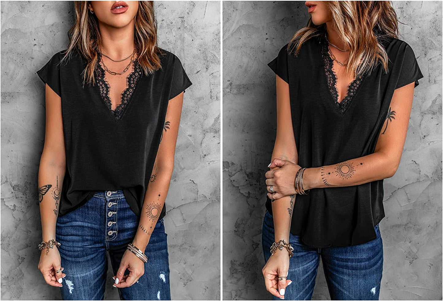 Dressy Lace Trim Blouse Tops Popular Short Sleeve Shirt