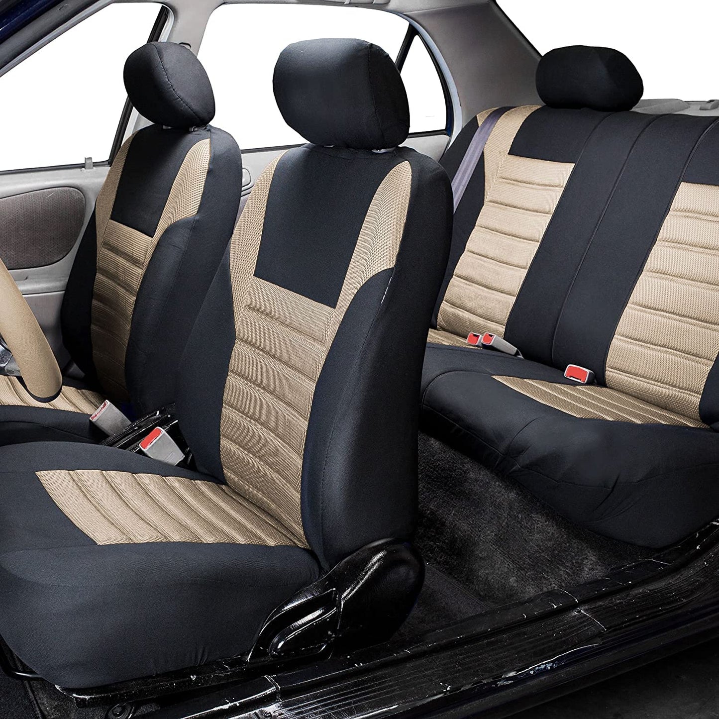 Automotive Seat Covers Beige Universal Fit Full Set Premium 3D Air Mesh Design fits Most Cars, SUVs, and Trucks (Airbag and Rear Split Bench Compatible) FH Group FB068BEIGE115