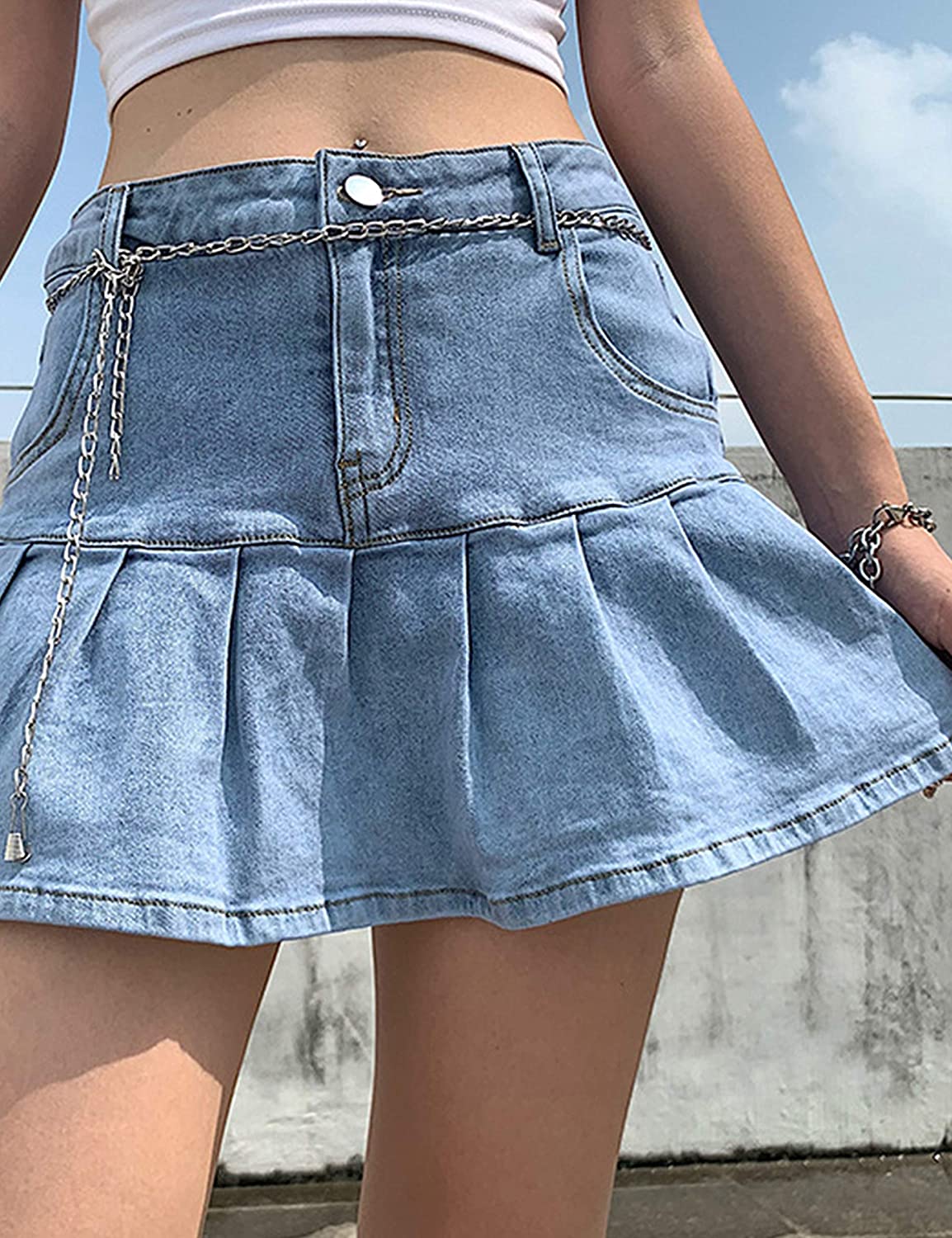 Women's Casual Slim A-line Pleated Ruffle Short Mini Denim Skirts