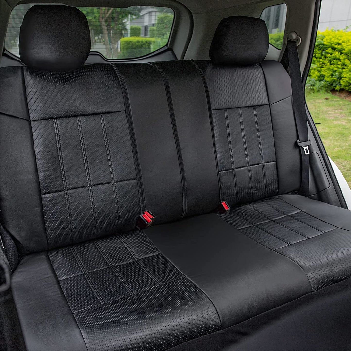Leader Accessories 17pcs Black Faux Leather Car Seat Covers Full Set Front + Rear with Airbag Universal Fits for Trucks SUV Included Steering Wheel Cover / Seat Belt Covers